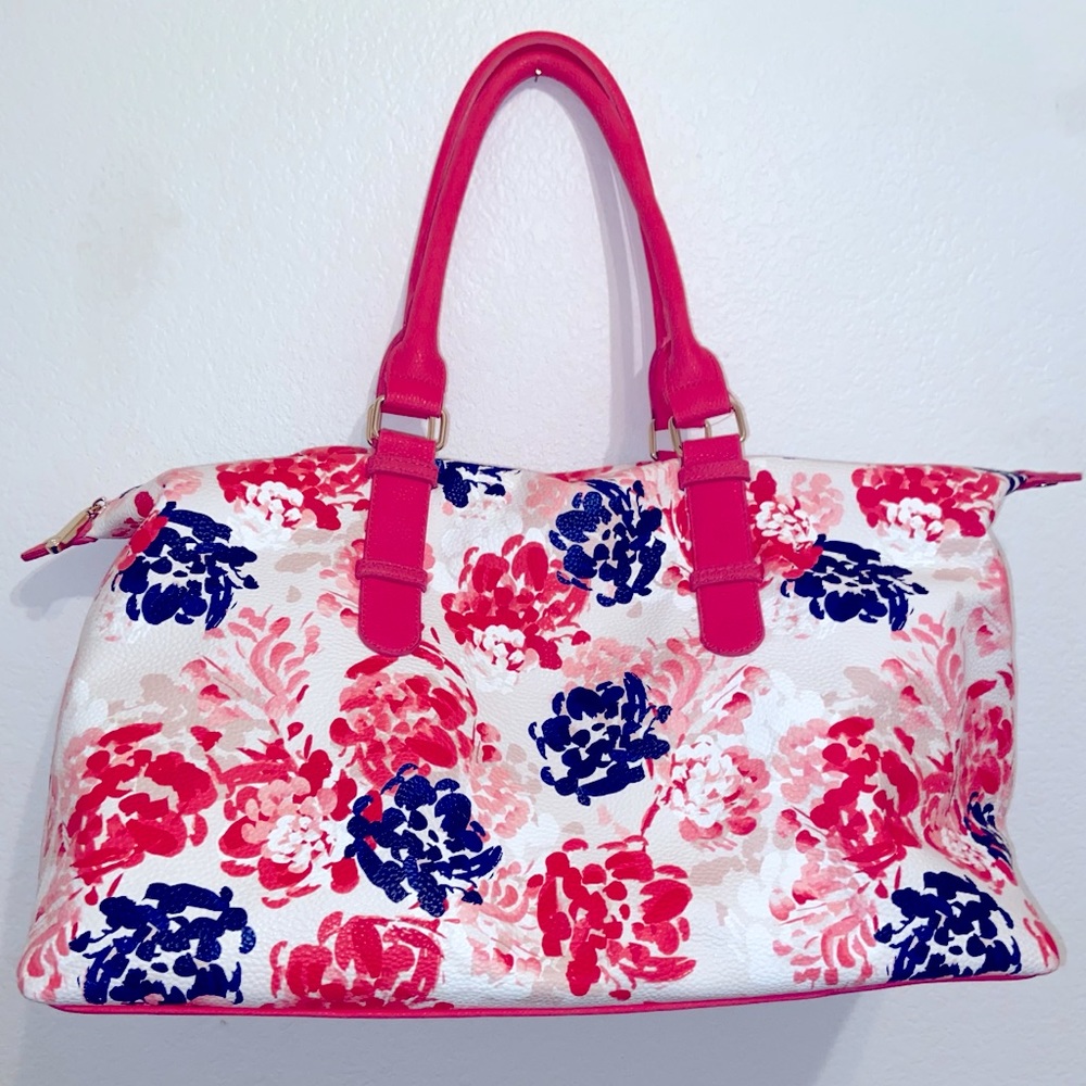 Pink blue leather travel tote